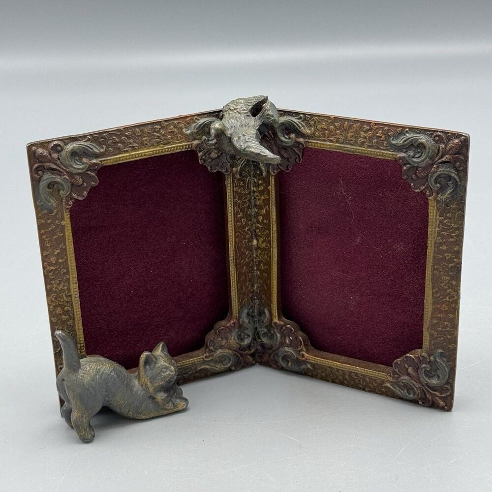 Art Nouveau Standing Dbl Side 3.5 x 2.5 in Picture Frame Cat Bird Cast Mix Metal
